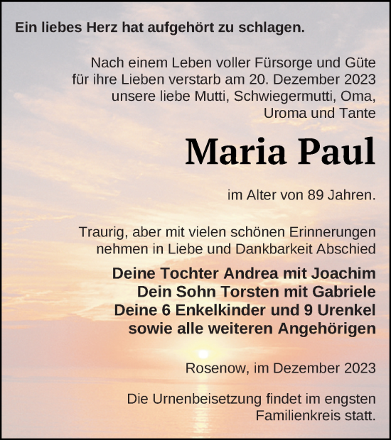 Traueranzeige von Maria Paul von Neubrandenburger Zeitung