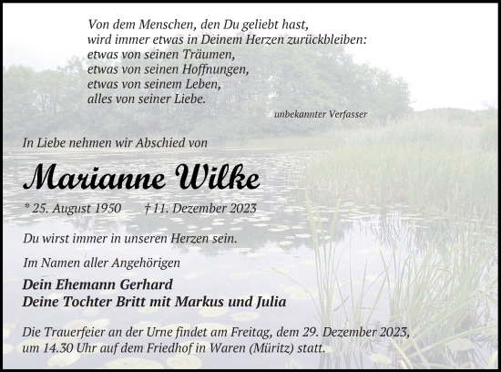 Traueranzeige von Marianne Wilke von Müritz-Zeitung