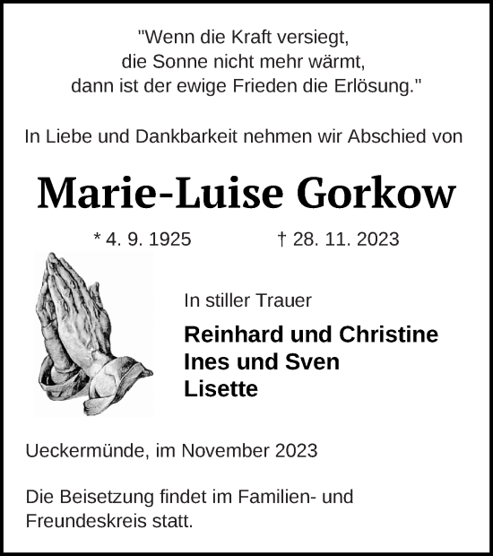Traueranzeige von Marie-Luise Gorkow von Haff-Zeitung