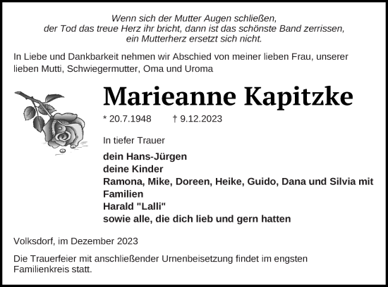 Traueranzeige von Marieanne Kapitzke von Demminer Zeitung