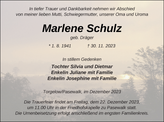 Traueranzeige von Marlene Schulz von Pasewalker Zeitung