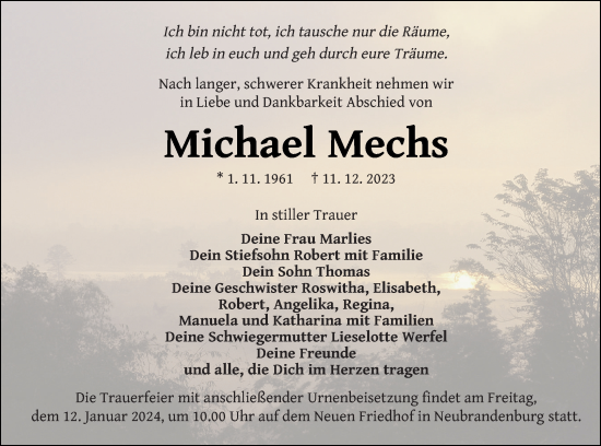 Traueranzeige von Michael Mechs von Demminer Zeitung