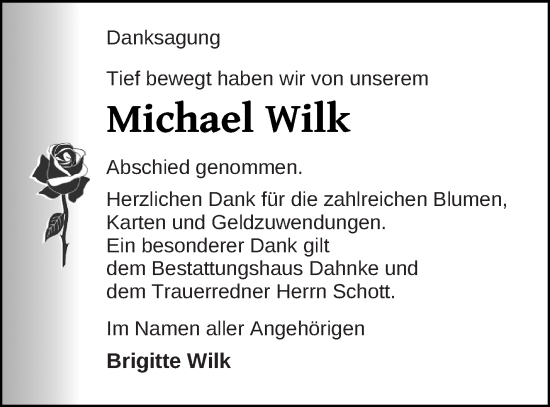 Traueranzeige von Michael Wilk von Müritz-Zeitung