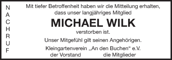 Traueranzeige von Michael Wilk von Müritz-Zeitung