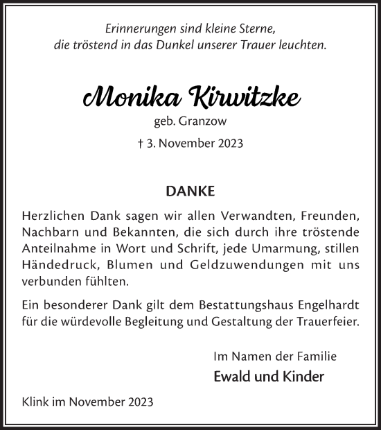 Traueranzeige von Monika Kirwitzke von Müritz-Zeitung