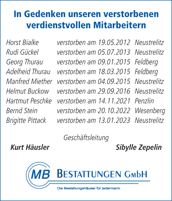 Traueranzeige von Nachruf MB Bestattungen GmbH von Strelitzer Zeitung