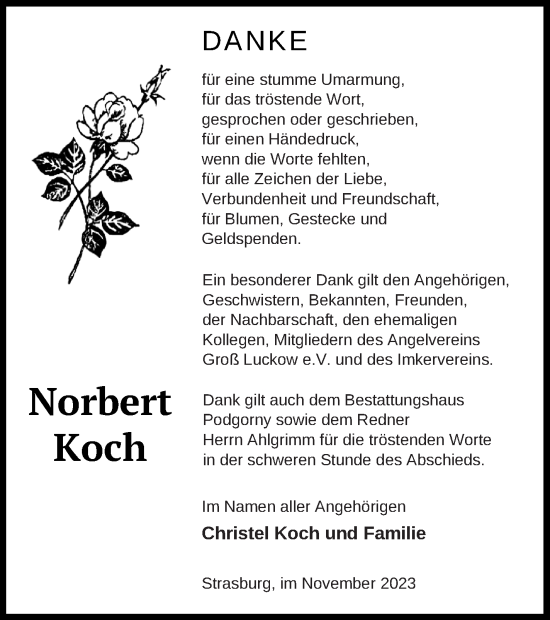 Traueranzeige von Norbert Koch von Pasewalker Zeitung