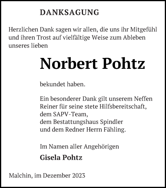 Traueranzeige von Norbert Pohtz von Mecklenburger Schweiz