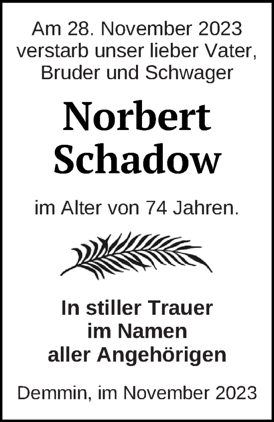 Traueranzeige von Norbert Schadow von Demminer Zeitung