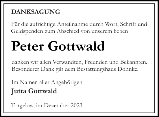 Traueranzeige von Peter Gottwald von Haff-Zeitung