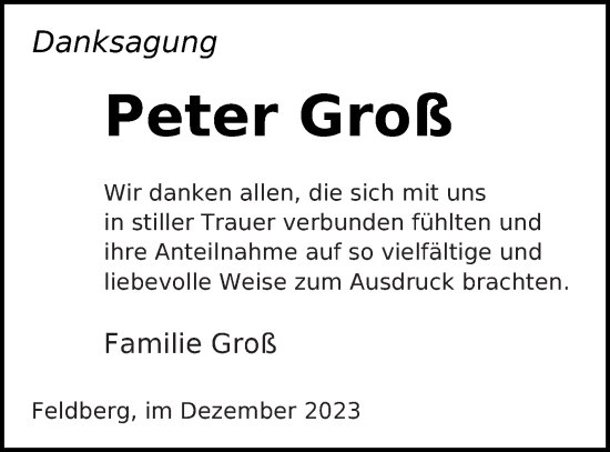 Traueranzeige von Peter Groß von Strelitzer Zeitung