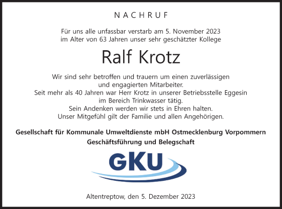 Traueranzeige von Ralf Krotz von Haff-Zeitung