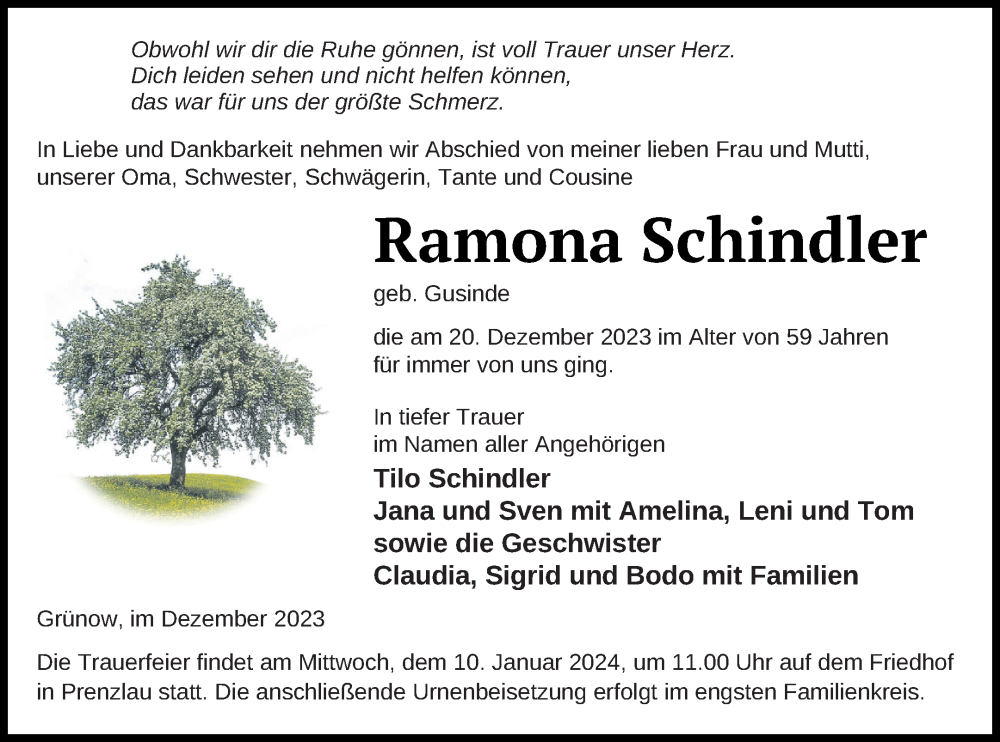  Traueranzeige für Ramona Schindler vom 29.12.2023 aus Prenzlauer Zeitung