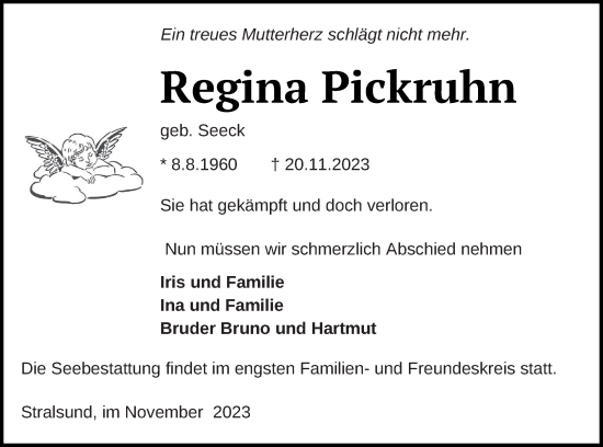 Traueranzeige von Regina Pickruhn von Haff-Zeitung