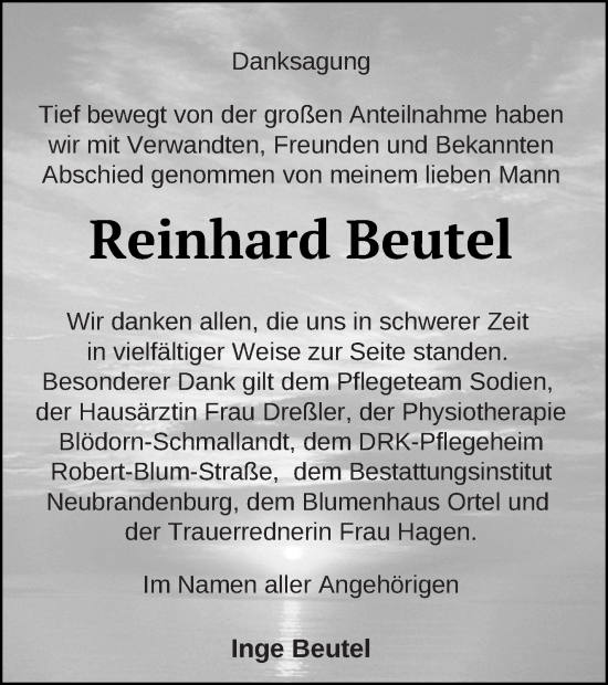 Traueranzeige von Reinhard Beutel von Neubrandenburger Zeitung