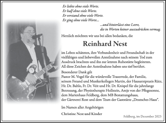 Traueranzeige von Reinhard Nest von Strelitzer Zeitung