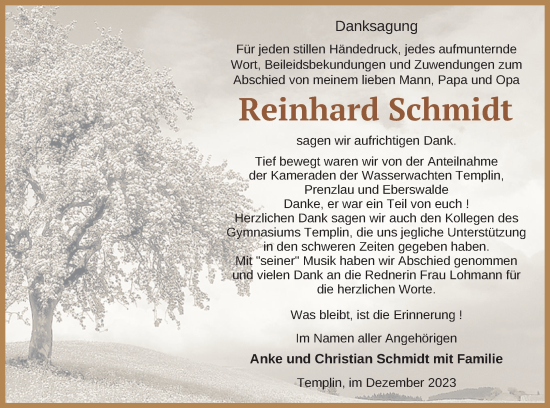 Traueranzeige von Reinhard Schmidt von Templiner Zeitung