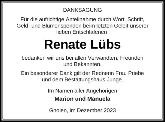 Traueranzeige von Renate Lübs von Mecklenburger Schweiz