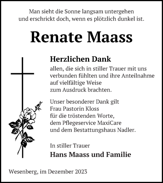 Traueranzeige von Renate Maass von Strelitzer Zeitung