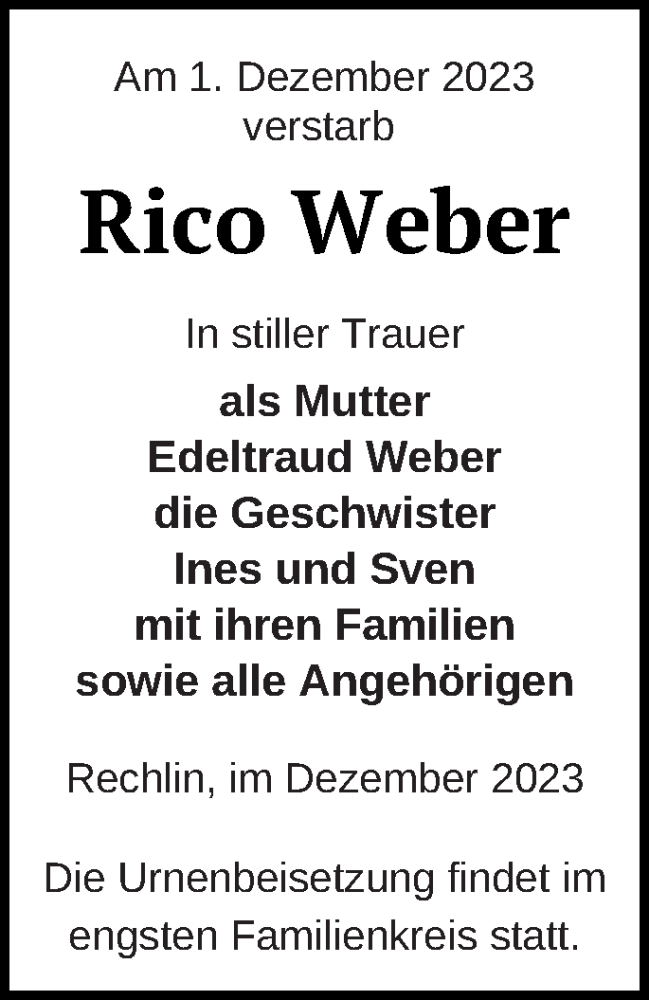  Traueranzeige für Rico Weber vom 08.12.2023 aus Müritz-Zeitung