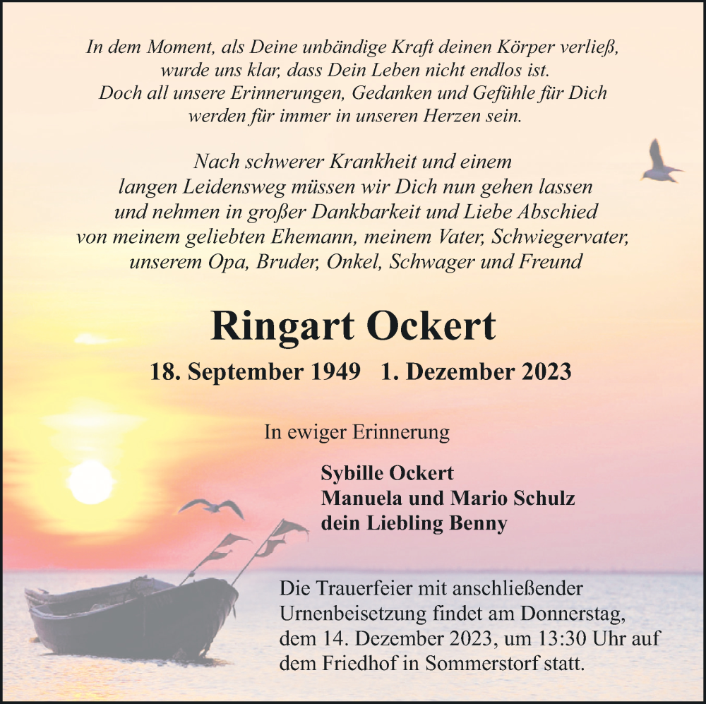  Traueranzeige für Ringart Ockert vom 07.12.2023 aus Müritz-Zeitung