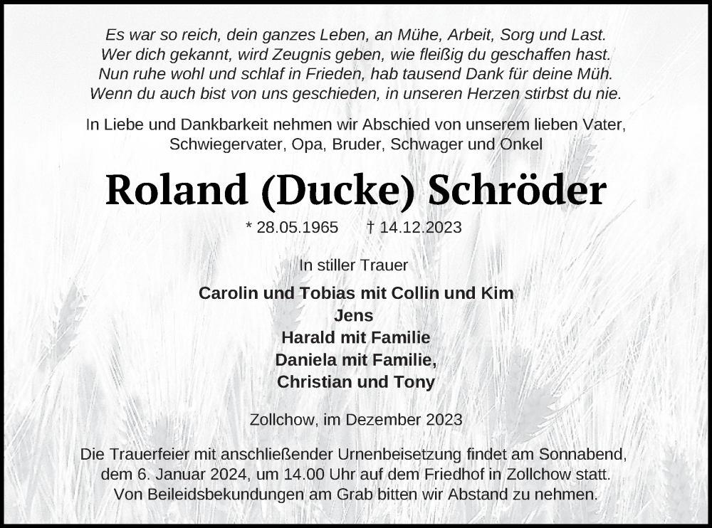  Traueranzeige für Roland Schröder vom 23.12.2023 aus Prenzlauer Zeitung