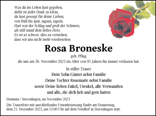 Traueranzeige von Rosa Broneske von Mecklenburger Schweiz