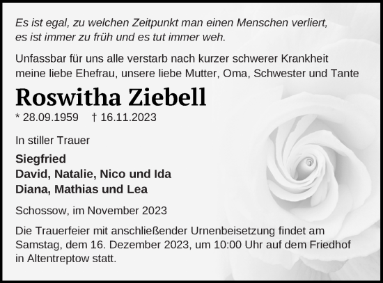 Traueranzeige von Roswitha Ziebell von Demminer Zeitung