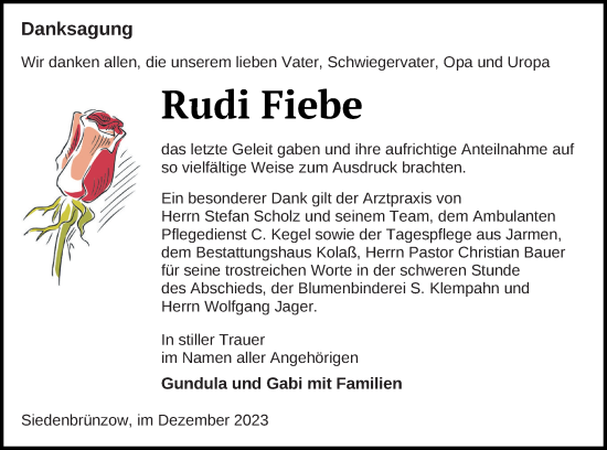 Traueranzeige von Rudi Fiebe von Vorpommern Kurier