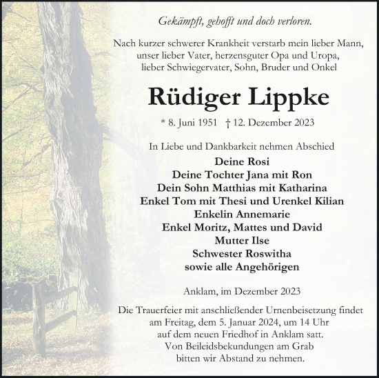 Traueranzeige von Rüdiger Lippke von Vorpommern Kurier