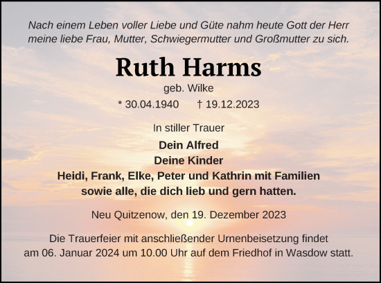 Traueranzeige von Ruth Harms von Mecklenburger Schweiz