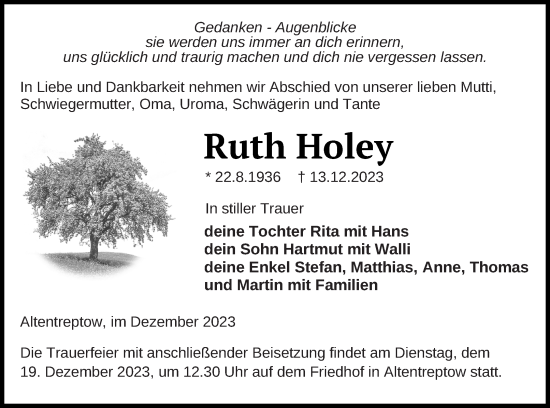 Traueranzeige von Ruth Holey von Neubrandenburger Zeitung