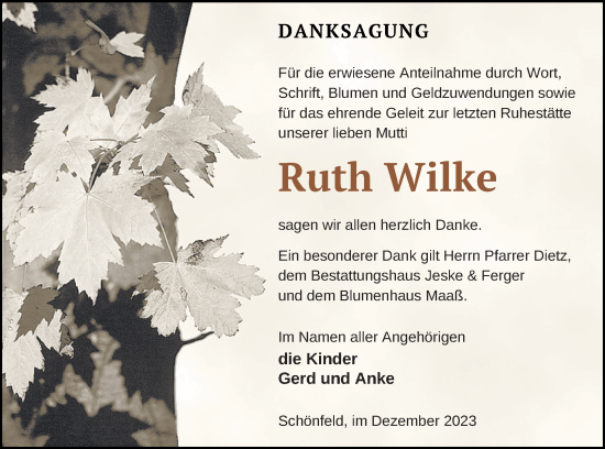 Traueranzeige von Ruth Wilke von Prenzlauer Zeitung