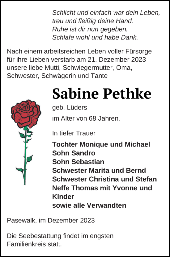 Traueranzeige von Sabine Pethke von Pasewalker Zeitung