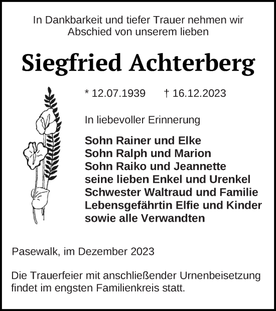 Traueranzeige von Siegfried Achterberg von Pasewalker Zeitung