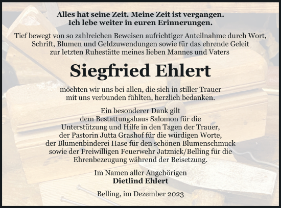 Traueranzeige von Siegfried Ehlert von Pasewalker Zeitung