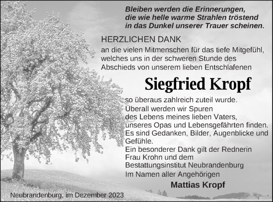 Traueranzeige von Siegfried Kropf von Neubrandenburger Zeitung