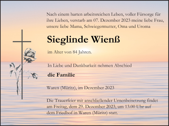 Traueranzeige von Sieglinde Wienß von Müritz-Zeitung