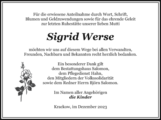 Traueranzeige von Sigrid Werse von Pasewalker Zeitung