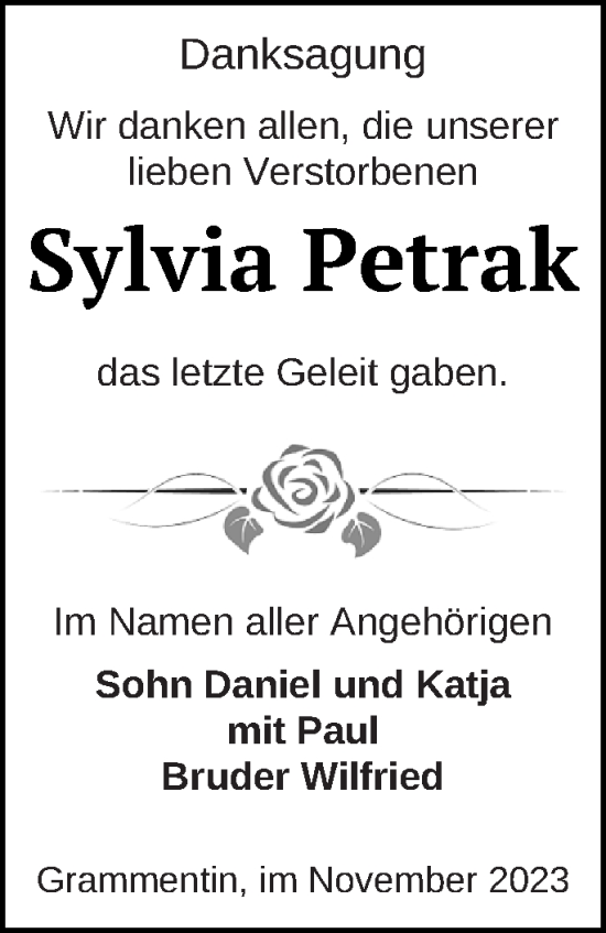 Traueranzeige von Sylvia Petrak von Mecklenburger Schweiz