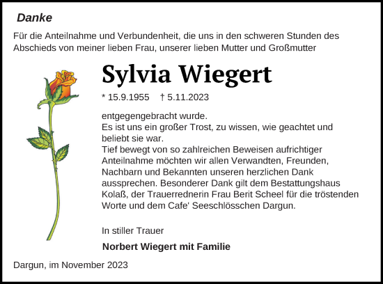 Traueranzeige von Sylvia Wiegert von Mecklenburger Schweiz