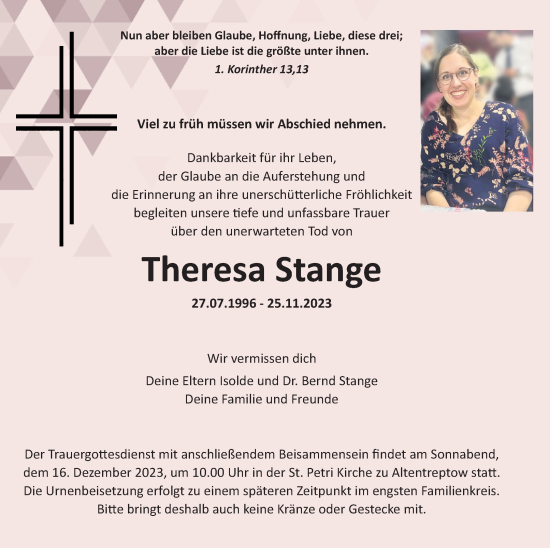 Traueranzeige von Theresa Stange von Neubrandenburger Zeitung