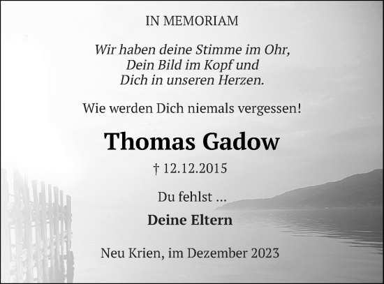 Traueranzeige von Thomas Gadow von Vorpommern Kurier