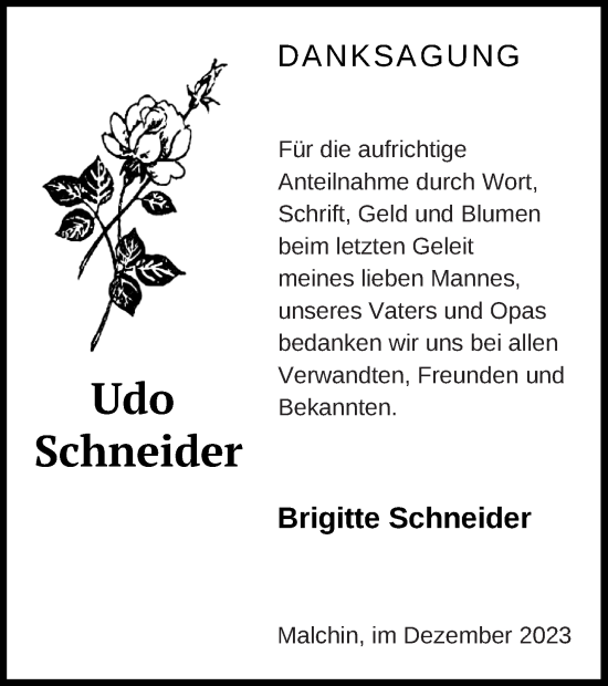 Traueranzeige von Udo Schneider von Mecklenburger Schweiz