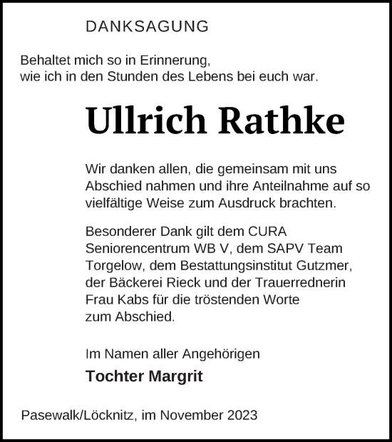 Traueranzeige von Ullrich Rathke von Pasewalker Zeitung