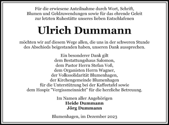 Traueranzeige von Ulrich Dummann von Pasewalker Zeitung