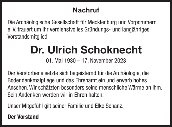 Traueranzeige von Ulrich Schoknecht von Müritz-Zeitung