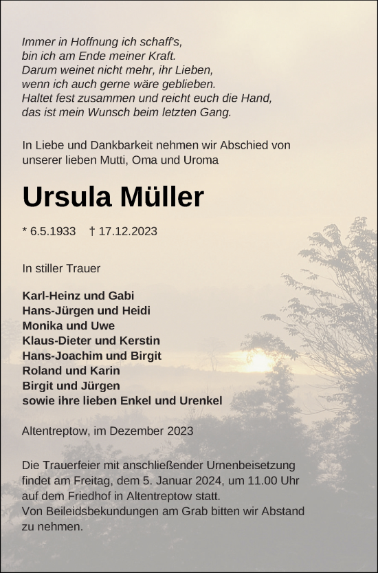 Traueranzeige von Ursula Müller von Neubrandenburger Zeitung