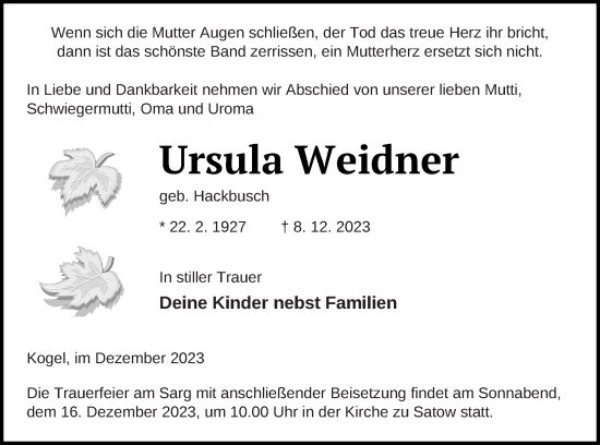 Traueranzeige von Ursula Weidner von Müritz-Zeitung