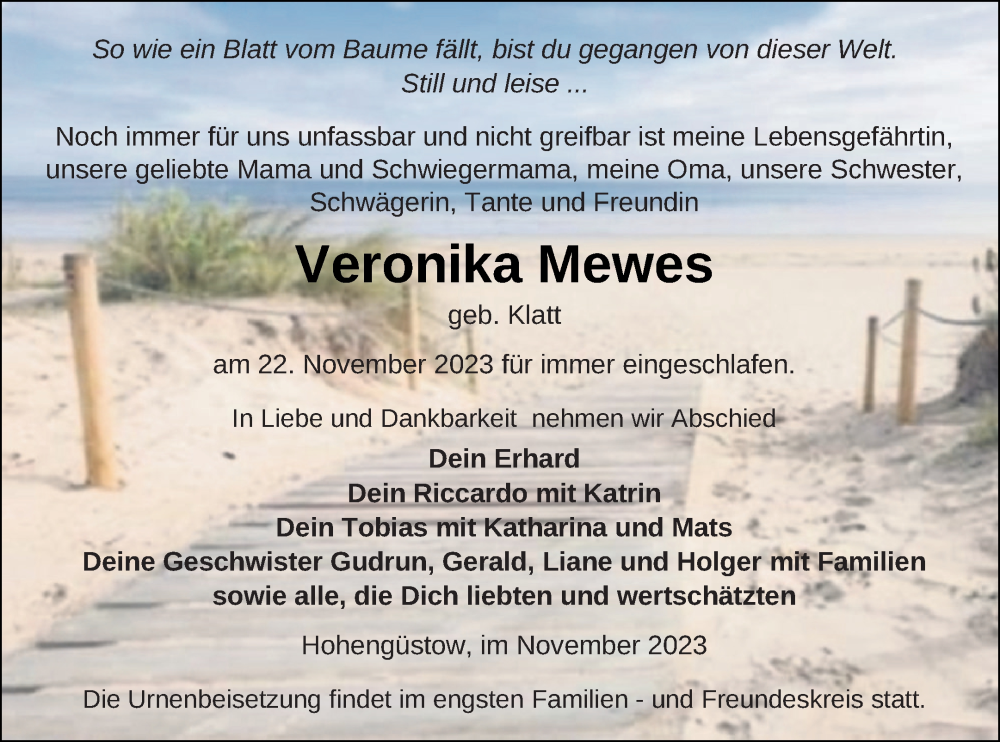  Traueranzeige für Veronika Mewes vom 02.12.2023 aus Prenzlauer Zeitung